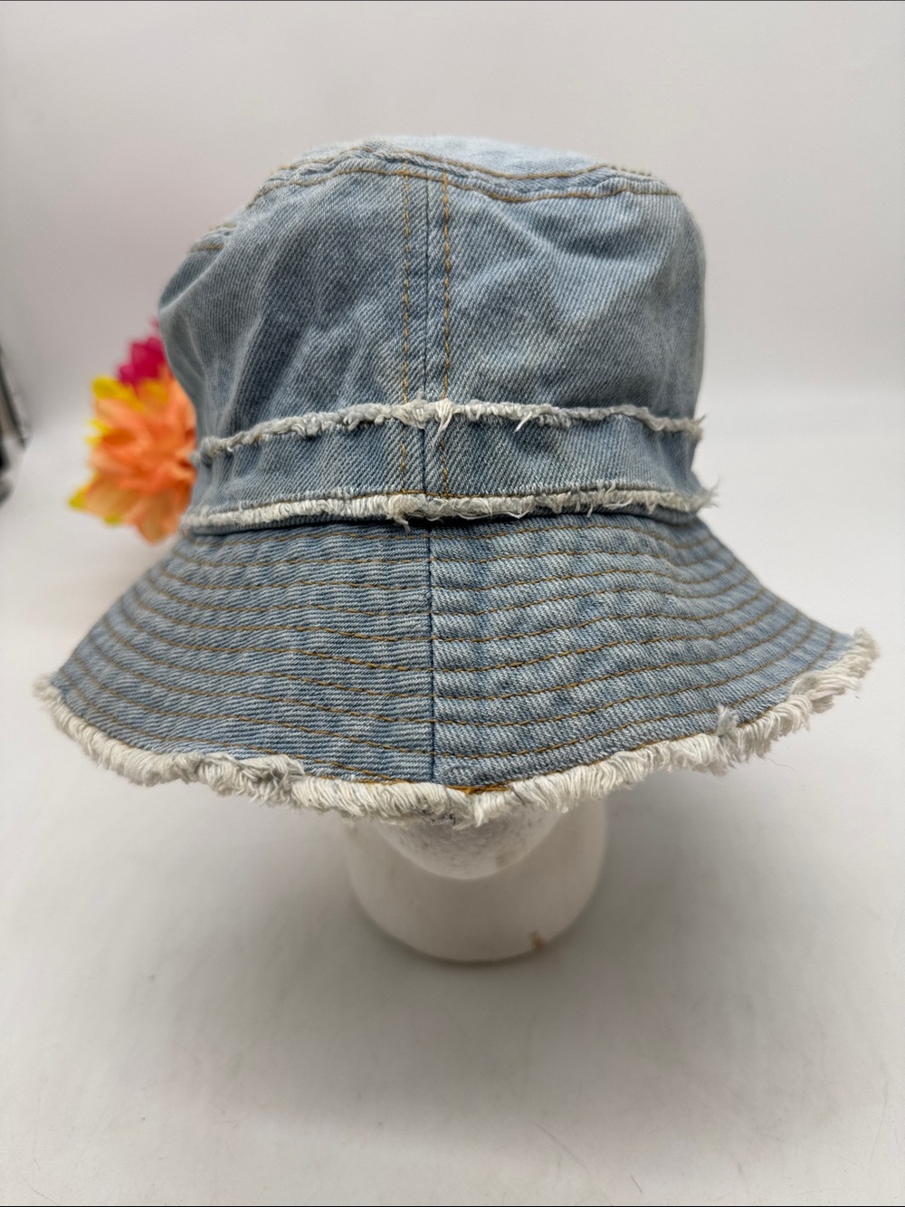 Light Blue Denim Bucket Hat with Frayed Trim